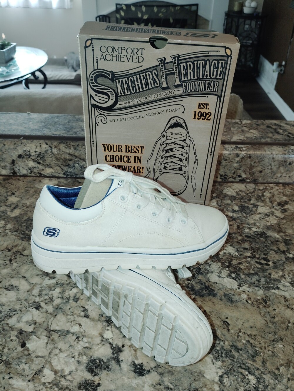 Skechers Men's White Sneakers with Navy Trim - Picture 3 of 3